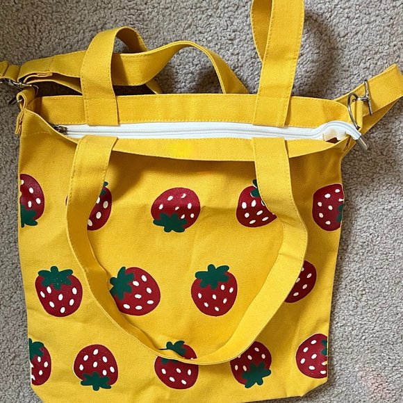 Vibrant Yellow *Strawberry* Tote, Full Zipper, Adjust or Remove Strap, NWOT - Picture 4 of 9